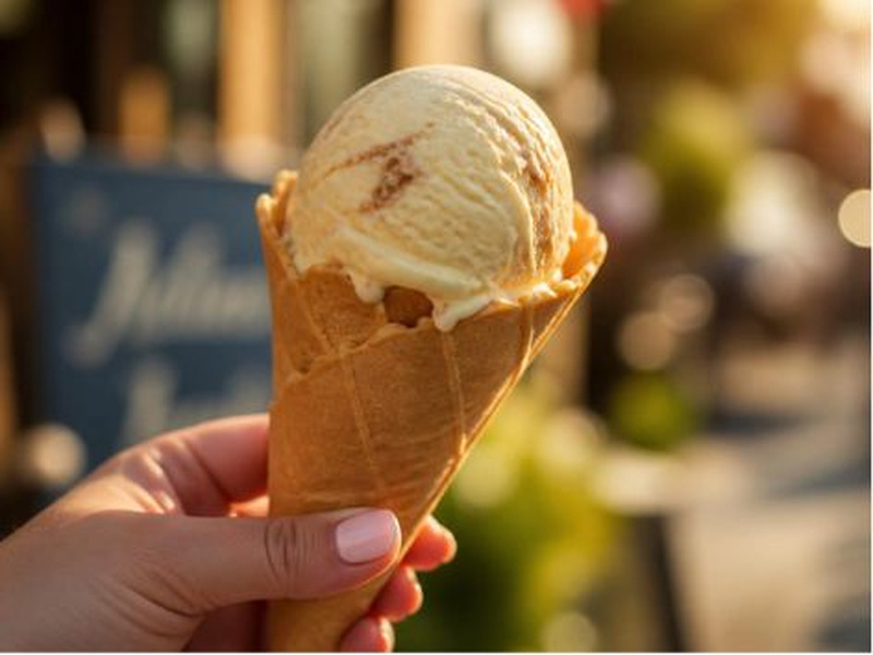 Barquilla wafer cone filled with a scoop of ice cream