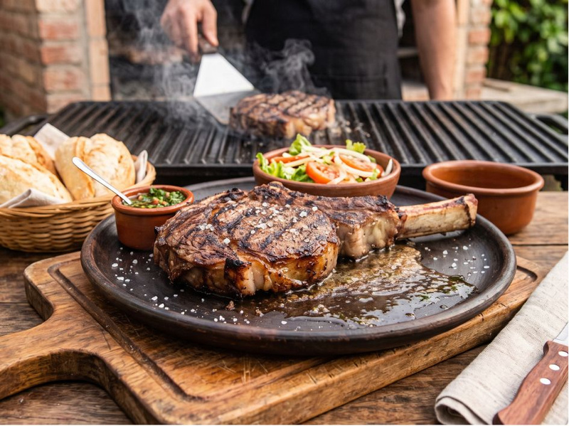 Thin steak searing on a hot iron plancha for Argentinian churrasco