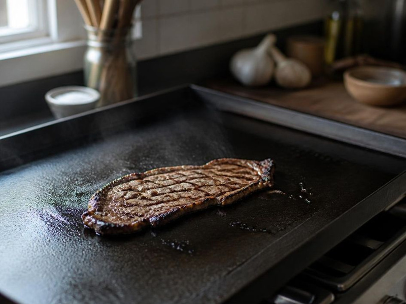 Thin steak searing on a hot iron plancha for Argentinian churrasco
