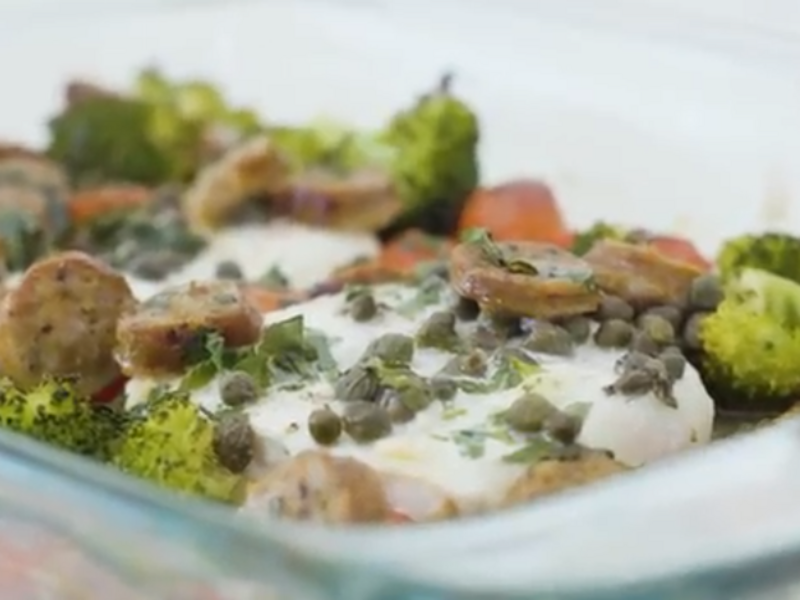 Image of Chorizo Roast Cod with Capers and Tomatoes article