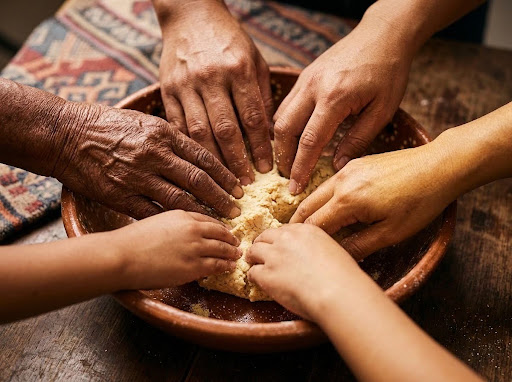 Hands from different generations preparing a traditional dish, reflecting Hispanic heritage's Indigenous, African, Asian, and European roots