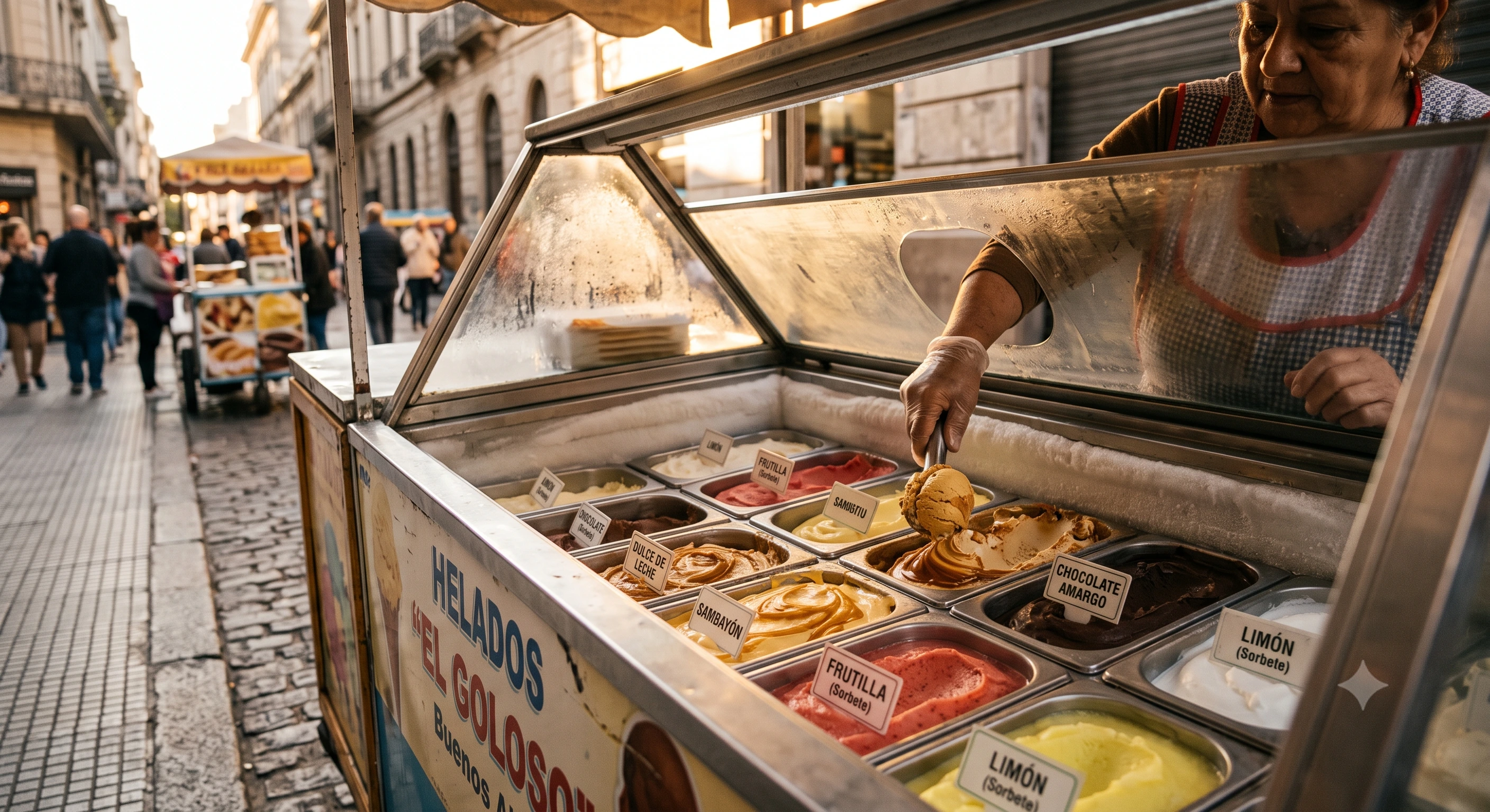 Vendor scooping helado from a colorful paleter&iacute;a freezer case