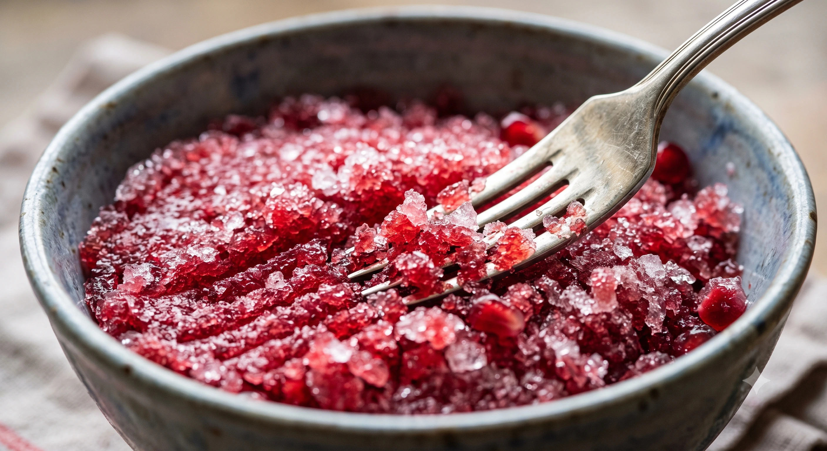 Fork raking through grainy pomegranate granita to show its icy texture