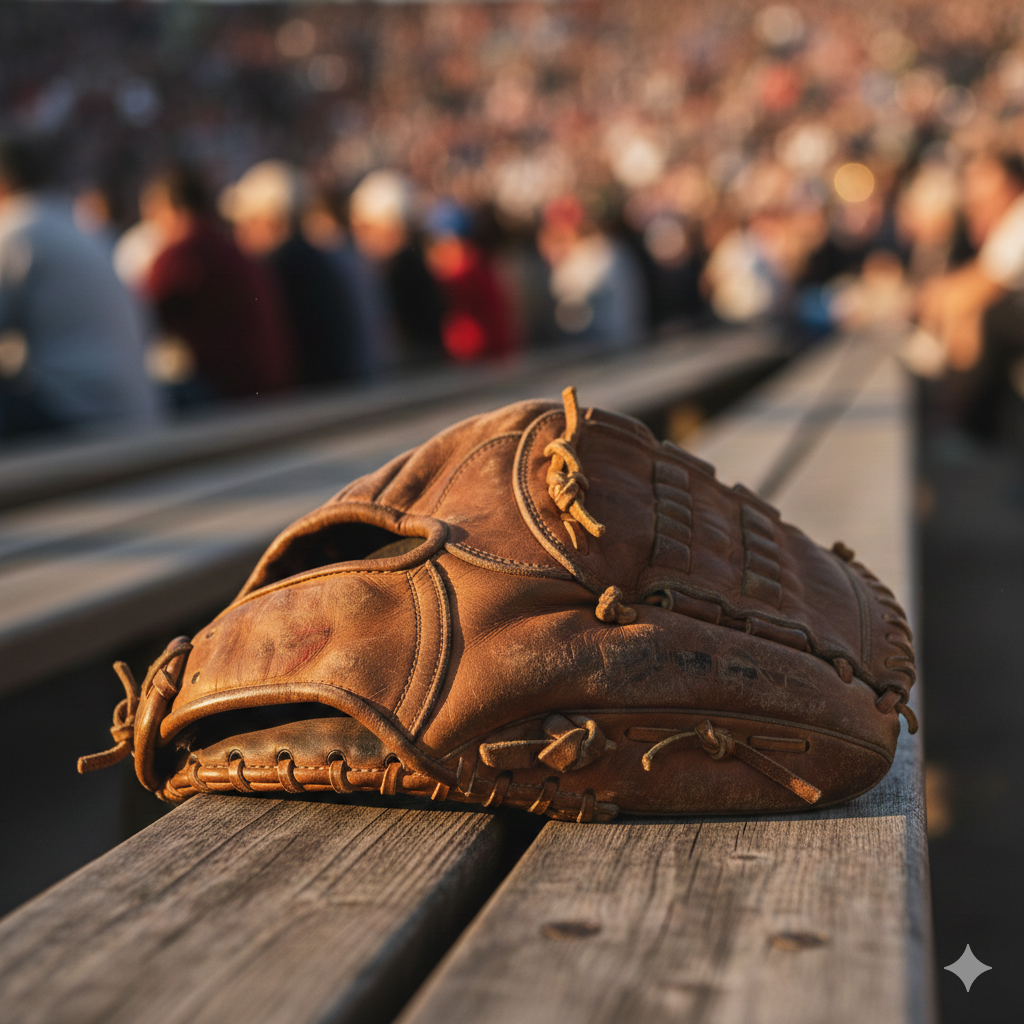 A worn baseball glove on stadium bleachers representing baseball fandom.