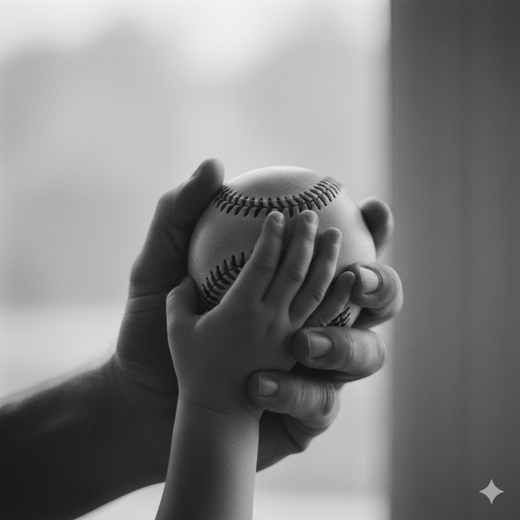Adult and child hands on a baseball representing the father-son bond at the heart of the podcast.