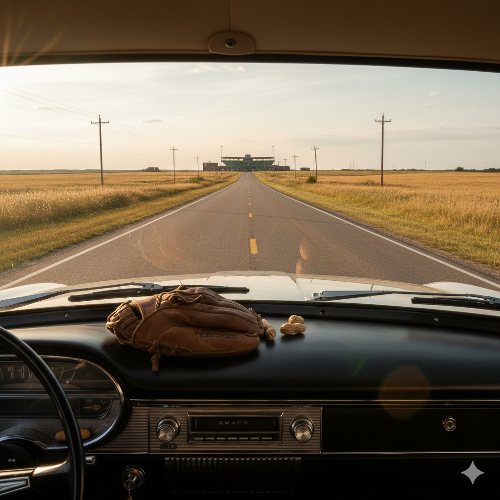 A road trip toward a baseball stadium evoking Dan Sarmiento's Field of Dreams journey.